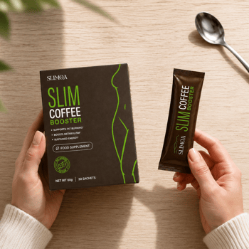 Slimqa Slim Coffee Booster box and single-serve coffee sachet with natural ingredients